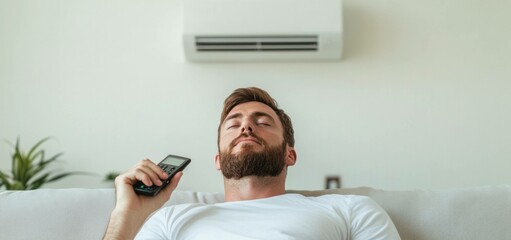 Relaxed man enjoying comfort at home while using air conditioning remote, expressing contentment in a bright, modern living room