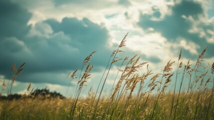 Golden Grasses Swaying Against Dramatic Cloudy Sky in Nature Scene