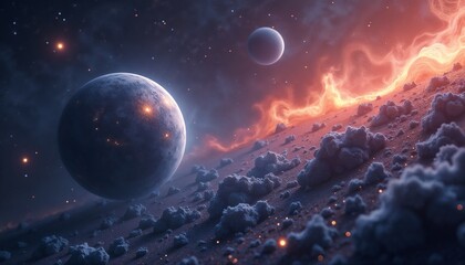 Stunning cosmic view of a gas giant planet with distant moons and glowing atmosphere copy space
