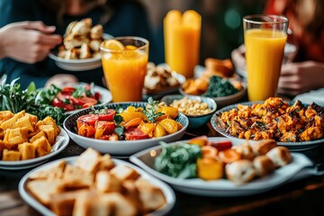 A vibrant and diverse spread of healthy brunch options on a wooden table, featuring fresh salads, grilled vegetables, tofu cubes, and refreshing orange juice.