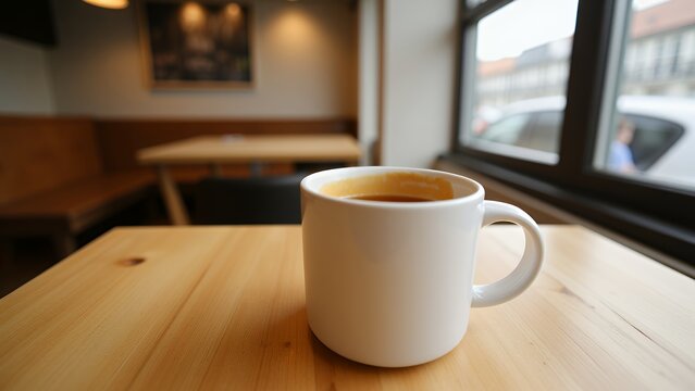 紅茶かコーヒーが入った白い陶器のマグカップが、木のテーブルの上に置かれている