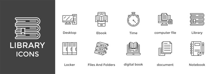 library icon set. with icon School, Education, Files And Folders, digital book, document