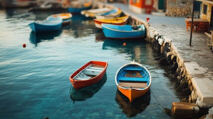 Obraz premium Colorful Fishing Boats Moored by Calm Water in Quiet Harbor