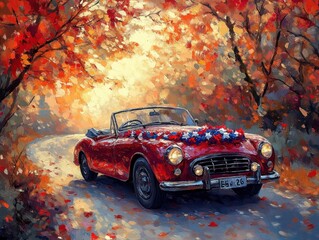 Patriotic Car Celebrating Independence Day on Countryside Road