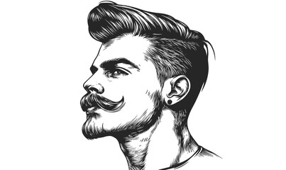 Profile of a bearded man with mustache in side view, earring, vector, linear icons set.
