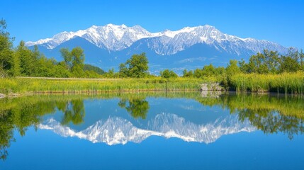 Fototapeta premium Majestic snow-capped mountains reflecting in serene blue lake