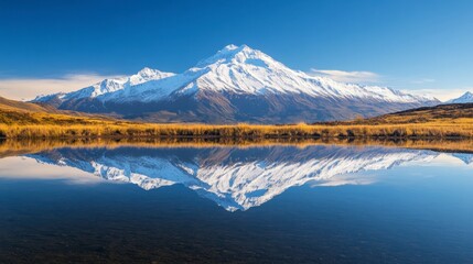 Naklejka premium Majestic Snow-Capped Mountain Reflected in Calm Mirror Lake