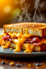 Delicious Crispy Bacon and Melted Cheese Sandwich Served on a Warm Plate