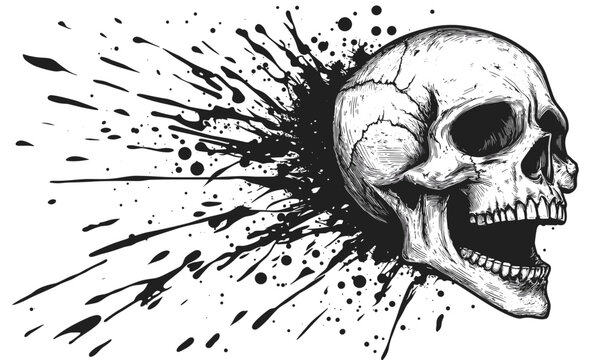 Skull with splatter effect in black and white - linear vector, icons set.
