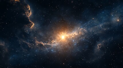 Fototapeta premium Majestic Nebula Galaxy: A Cosmic Dance of Light, Stars, and Space Dust in Deep Blue and Gold.