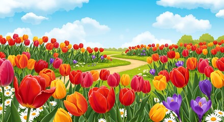 Colorful Tulip Field with Path Cartoon Landscape Illustration for Spring