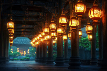 Fototapeta premium Timeless Tranquility: A Sacred Space Bathed in Warm Lantern Light