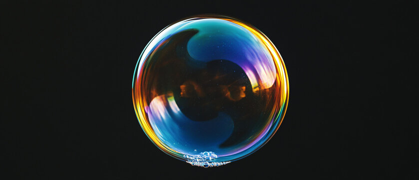A single iridescent soap bubble floating against a dark background reflecting vibrant swirling colors


