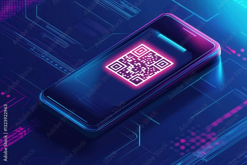 Aufkleber Smartphone scans QR code for order pickup with a sleek futuristic interface in a high-tech environment