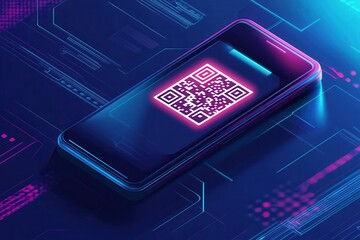 Smartphone scans QR code for order pickup with a sleek futuristic interface in a high-tech environment