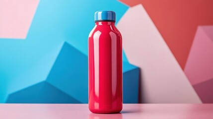 A bright red insulated water bottle, a vibrant splash of color against a dynamic backdrop of blue and pink geometric shapes, stood proudly on the counter, ready for hydration and style.