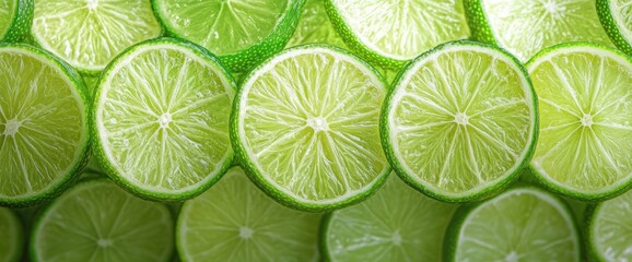 Fresh green lime slices with juicy texture and translucent effect on light background