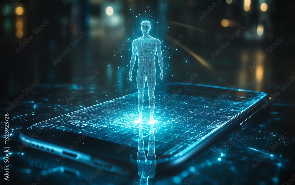 Poster smartphone with a holographic human figure glowing above the screen, ethereal, with light beams eman