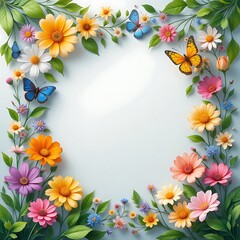 Floral Frame with Butterflies and Blooming Flowers for Spring Designs