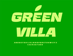 Vector Ecologic emblem Green Villa. Unique Green Font. Creative Alphabet Letters and Numbers