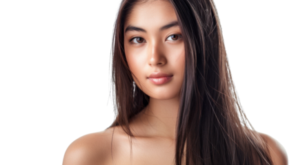 Beautiful asian woman posing showing long healthy hair on transparent background