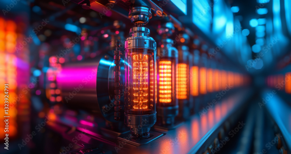 Poster This setting showcases intricate quantum computing machinery featuring qubits and advanced algorithms.