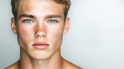 Fototapeta premium Portrait of a young caucasian male model posing shirtless against a white backdrop, revealing natural skin imperfections like acne, freckles, and scars while promoting body positivity. Copy space