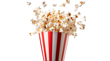 A red and white striped paper cup spilling fluffy popcorn in all directions, isolated on transparent background, creating a playful, dynamic scene.