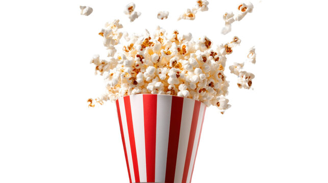 A red and white striped paper cup spilling fluffy popcorn in all directions, isolated on transparent background, creating a playful, dynamic scene.
