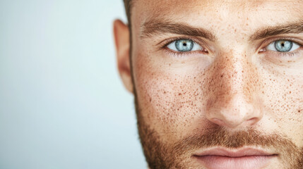 Obraz premium Half face portrait of a freckled man with striking blue eyes and a well-groomed beard, exuding confidence and determination against a soft light blue background with copy space