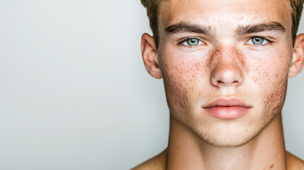 Naklejka premium Close-up portrait of a young man with blond hair and blue eyes showing skin problems such as acne scars and freckles, looking directly at the camera with a neutral expression. Copy space