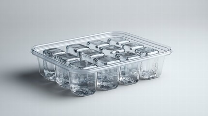 Fototapeta premium Chilled Perfection: An inviting array of pristine ice cubes held within a clear plastic tray, capturing the essence of refreshing coolness.