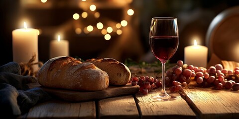 Fototapeta premium Symbolic Bread and Wine Scene with Soft Candle Glow and Deep Shadows