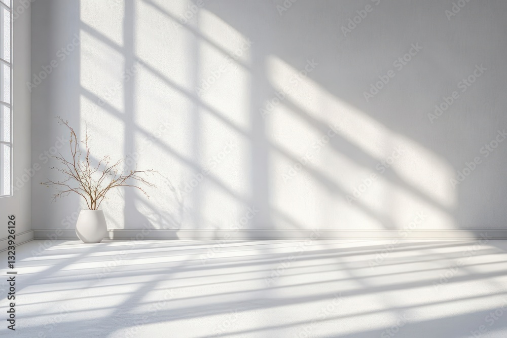 Poster minimalist white interior with soft shadows and natural light creating serene atmosphere and abstrac