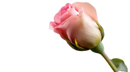 "A rose bud beginning to open, isolated on transparent background, with soft pink petals peeking out from the tightly closed bud.
