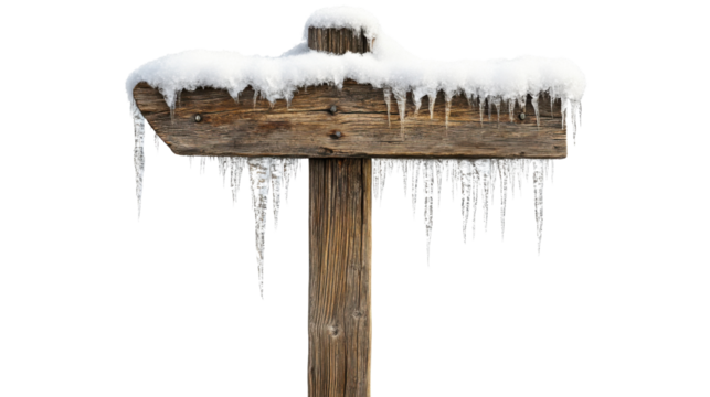 A rustic wooden signpost, heavily covered with snow and icicles, isolated on transparent background, capturing the essence of winter’s chill.