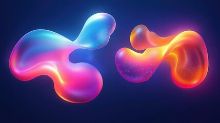 3D Render of Abstract Liquid Shapes with Neon Glow Bubbles and Balloons on Dark Blue Background