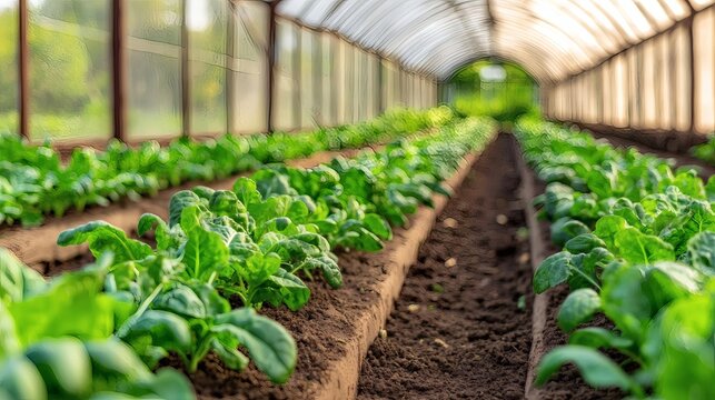 inside a greenhouse, rows of healthy green plants flourish. The transparent roof allows sunlight to nurture the crops.