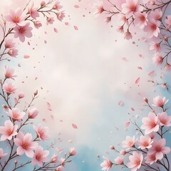 Blooming Cherry Flowers with Falling Petals on Abstract Pink and Blue Background