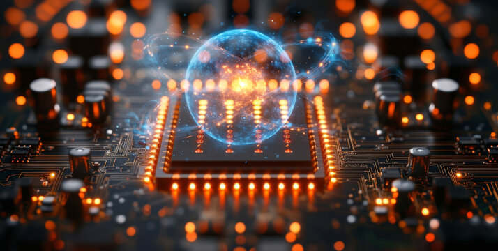 This representation illustrates the core concepts of quantum computing, featuring qubits in superposition and entangled states.
