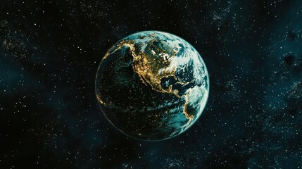 A realistic planet Earth viewed from space  on the surface, with a dark, star-filled cosmic  background on the earth day 