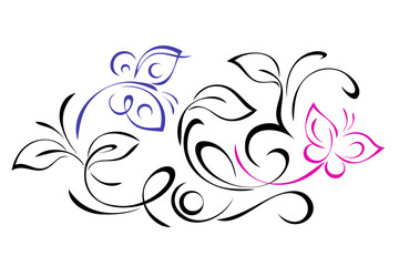 decorative element with fluttering stylized butterflies and ornate leafy pattern; graphic design