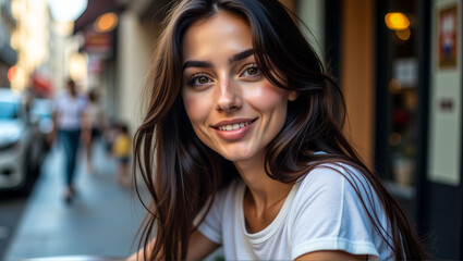 A woman with blonde hair and blue eyes is standing in front of a wall with bookshelves