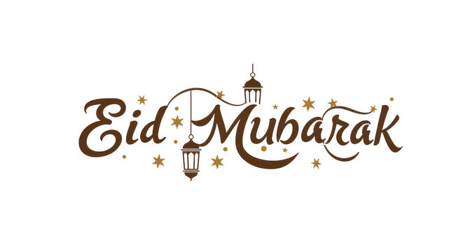 "Eid Mubarak" in brown cursive with stars and lanterns, set against a white background for a festive Eid greeting.
