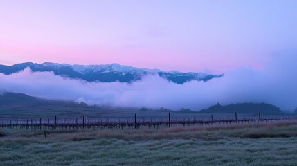 Obraz premium Serene Landscape at Dawn with Misty Mountains and Vineyard Under Soft Pink and Blue Sky Reflecting Early Morning Light