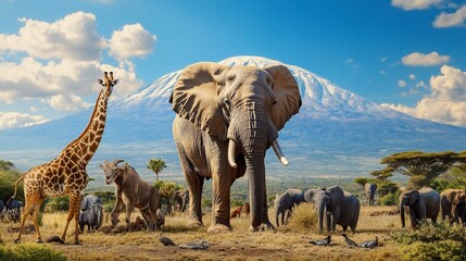 Fototapeta premium African savanna elephant herd, giraffe, Kilimanjaro