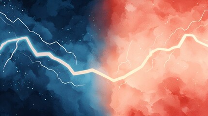 A vibrant illustration contrasting blue and red colors with lightning bolts, symbolizing conflict or duality.