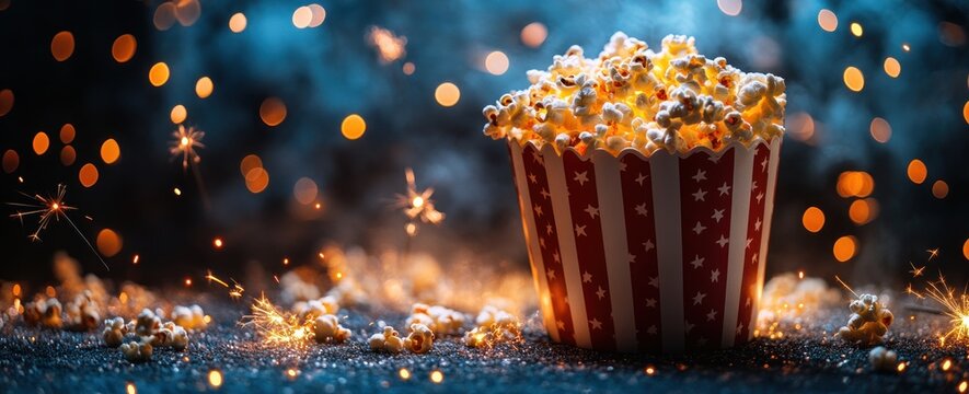Independence Day Celebration with American Flag Popcorn and Sparklers in Warm Bokeh Background