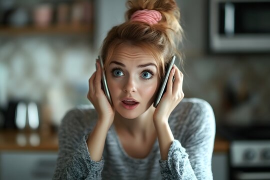 Woman Holding Two Phones with Surprised Expression