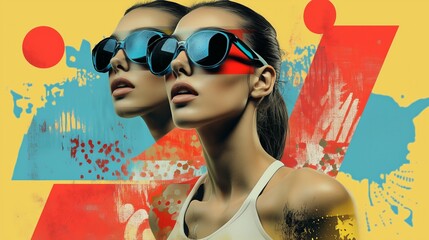 Two portraits of a woman wearing sunglasses with bold, colorful background.